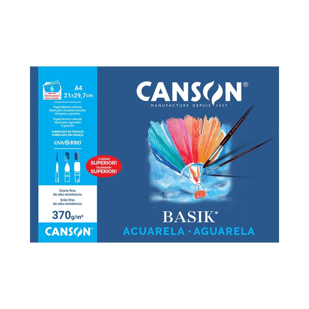 Papel Aguarela A4 370gr Canson Basik Minipack 6Fls