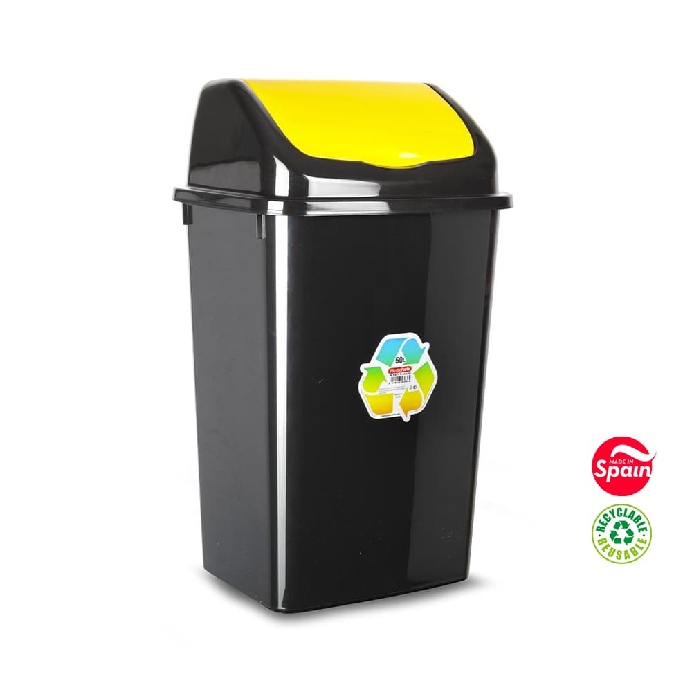 Contentor 50L Plástico Tampa Basculante Preto/Amarelo