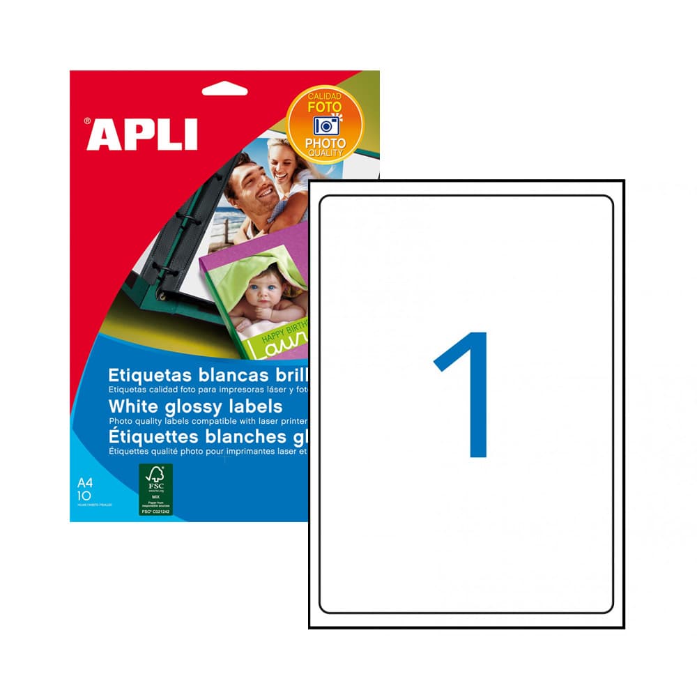 Etiquetas 199,6x289,1mm  Laser/Copia Branco Glossy Apli 10u