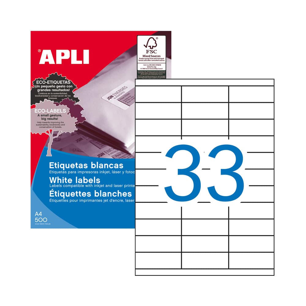 Etiquetas 070x025,4mm 500Fls A4 Apli 16500un