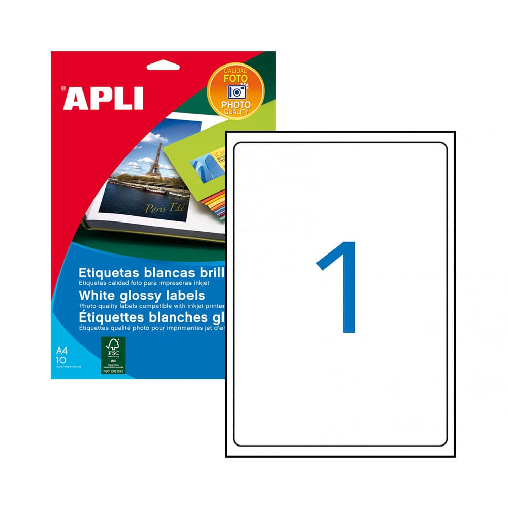 Etiquetas 199,6x289mm InkJet A4 Branco Glossy Apli 10un