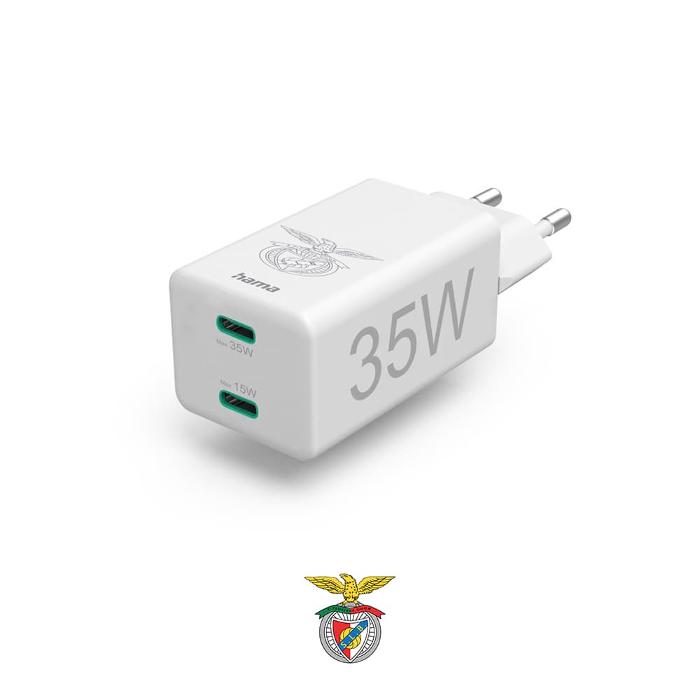 Carregador USB-C 2 Portas PD/QC 35W Rápido Benfica Branco