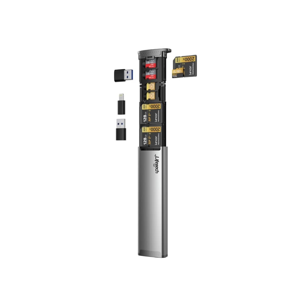 Leitor Cartões Memória + Armazenamento USB/USB-C/Lightning